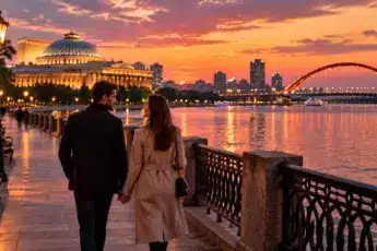 Романтическая прогулка пары по набережной Оби на закате, на фоне театра оперы и балета и Бугринского моста