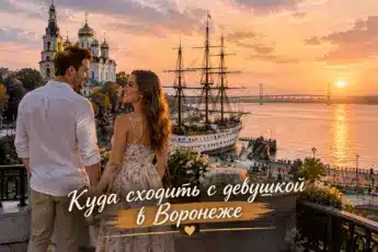 Влюбленная пара на смотровой площадке у корабля Гото Предестинация на фоне Успенского храма и заката для статьи о свиданиях в Воронеже