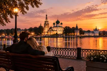 Молодая пара на скамейке у набережной Волги в Ярославле на фоне вечернего кремля и церкви Ильи Пророка