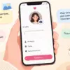 Смартфон с открытой анкетой знакомств и полем «О себе» в окружении подсказок: «Люблю путешествия» и «Ищу человека».
