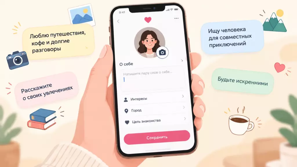 Смартфон с открытой анкетой знакомств и полем «О себе» в окружении подсказок: «Люблю путешествия» и «Ищу человека».