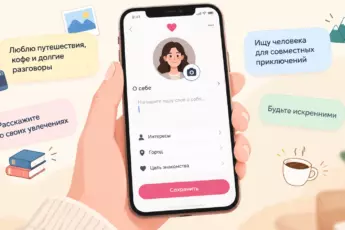 Смартфон с открытой анкетой знакомств и полем «О себе» в окружении подсказок: «Люблю путешествия» и «Ищу человека».