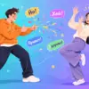 Неформальное приветствие двух людей: один показывает finger guns с конфетти, другой отвечает жестом дабл-пять на градиентном фоне
