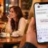 Тёплая иллюстрация: пара в кафе и смартфон с чатом, вопрос «Что написать после первого свидания?»