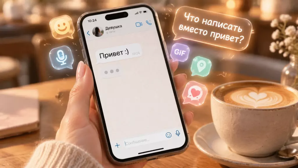 Рука с маникюром держит смартфон с чатом и сообщением «Привет :)», вокруг парят иконки подсказок для ответа