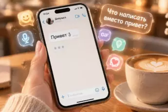 Рука с маникюром держит смартфон с чатом и сообщением «Привет :)», вокруг парят иконки подсказок для ответа
