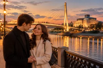 Молодая пара на набережной Туры в Тюмени на фоне подсвеченного моста Влюбленных и драмтеатра