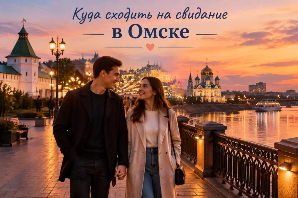 Вот несколько вариантов alt-текста, которые соответствуют всем требованиям и контексту статьи: **Вариант 1 (Акцент на атмосферу и тему):** Романтичный вечер в Омске: пара гуляет за руки по набережной Иртыша на фоне вечерних огней и достопримечательностей. **Вариант 2 (Более конкретный, с ключевыми локациями):** Влюбленная пара на прогулке по набережной Омска. На фоне Омская крепость, Любинский проспект и Успенский собор на закате. **Вариант 3 (Лаконичный и описательный):** Вечерняя прогулка пары по набережной Иртыша с видом на исторический центр Омска и закатные огни города.