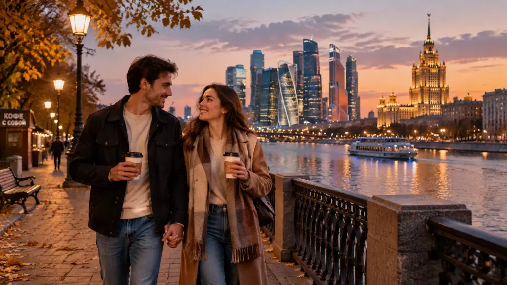 Тёплая осенняя прогулка пары с кофе по набережной Москвы-реки на фоне вечерних огней Москва-Сити