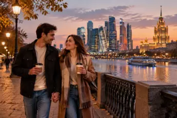 Тёплая осенняя прогулка пары с кофе по набережной Москвы-реки на фоне вечерних огней Москва-Сити