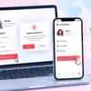 Удаление анкеты LovePlanet: экран ноутбука и смартфона с кнопкой «Удалить анкету», диалог подтверждения и профиль, перемещаемый в корзину.