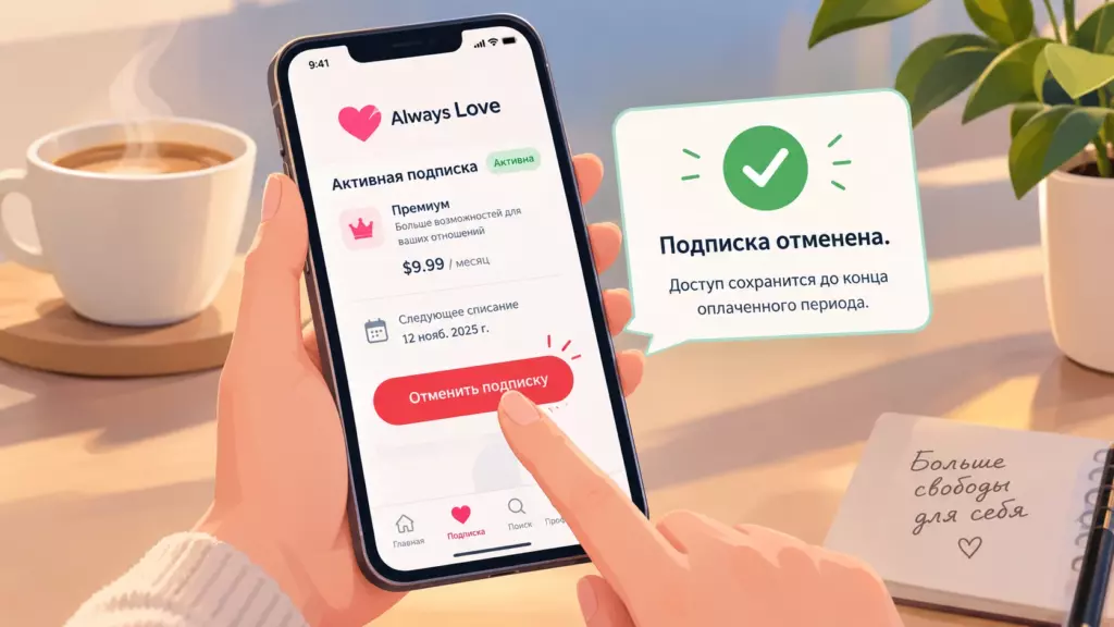 Смартфон с открытым приложением: палец нажимает кнопку отмены подписки, на экране видно уведомление об успешной операции и сохранении доступа