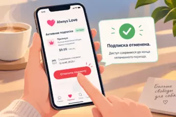 Вот несколько вариантов alt-текста, от самого информативного до более лаконичного: **Вариант 1 (Акцент на действии):** Рука нажимает красную кнопку «Отменить подписку» в приложении на смартфоне, рядом появляется подтверждение об успешной отмене. **Вариант 2 (Акцент на результате):** Смартфон с открытым приложением: палец нажимает кнопку отмены подписки, на экране видно уведомление об успешной операции и сохранении доступа. **Вариант 3 (Более короткий и спокойный):** Интерфейс приложения с активной кнопкой «Отменить подписку» и всплывающим окном «Подписка отменена» на экране смартфона в руке.