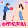 Парень протягивает сердце девушке, она жестом «стоп» отстраняется; иконки «ДРУЗЬЯ» и «ЛЮБОВЬ», надпись «ФРЕНДЗОНА».