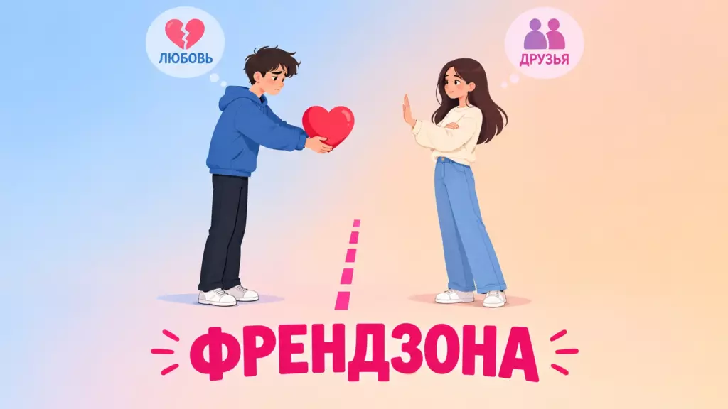 Парень протягивает сердце девушке, она жестом «стоп» отстраняется; иконки «ДРУЗЬЯ» и «ЛЮБОВЬ», надпись «ФРЕНДЗОНА».