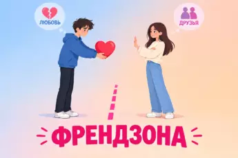 Парень протягивает сердце девушке, она жестом «стоп» отстраняется; иконки «ДРУЗЬЯ» и «ЛЮБОВЬ», надпись «ФРЕНДЗОНА».