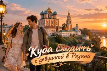 Вот несколько вариантов alt-текста, от наиболее сбалансированного к более короткому: **Вариант 1 (Оптимальный):** Влюбленная пара на фоне Успенского собора Рязанского кремля и надписи «Куда сходить с девушкой в Рязани». **Вариант 2 (Акцент на атмосферу):** Романтическая иллюстрация пары на закате у Рязанского кремля с текстом «Куда сходить с девушкой в Рязани». **Вариант 3 (Краткий):** Иллюстрация пары у Рязанского кремля с надписью «Куда сходить с девушкой в Рязани».