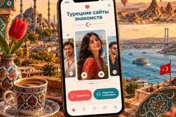 Смартфон с интерфейсом сайта знакомств на фоне символов Турции: кофе, мечеть, воздушные шары